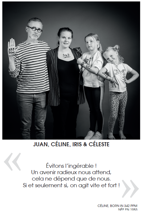 Photo d'une famille avec leur chiffre climatique et une citation